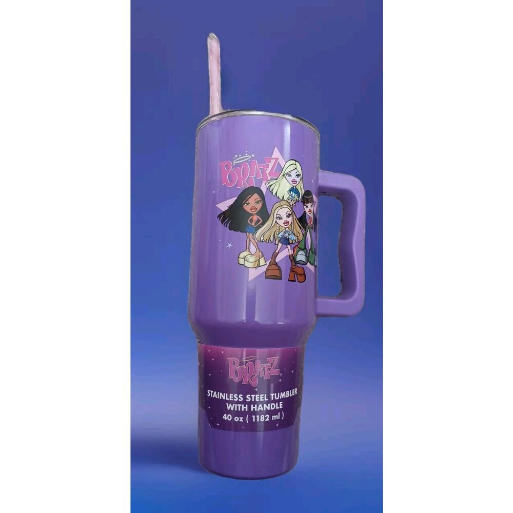 BRATZ 40 Oz Water Tumbler With Handle, Lid And Straw Silver Buffalo Brand New
